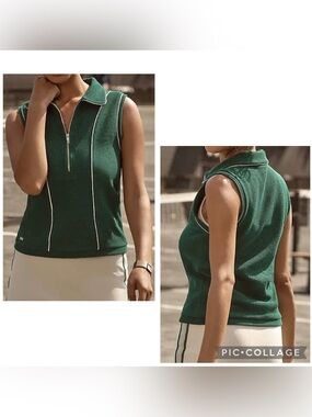 LUNE ACTIVE Women’s Green Textured MOON CLASSIC Collared Top White Piping Sz S